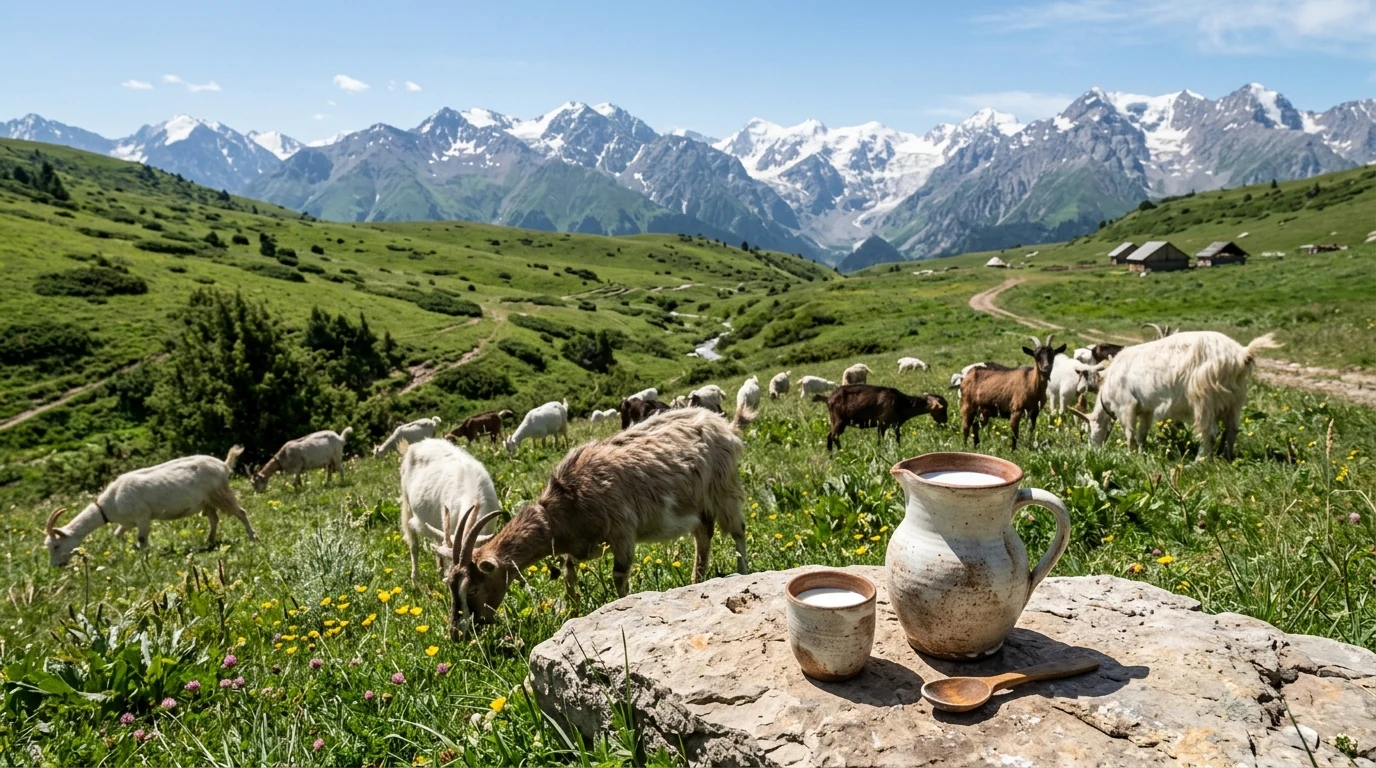 Художественная сцена с молочными козами и кувшином молока в предгорьях Казахстана